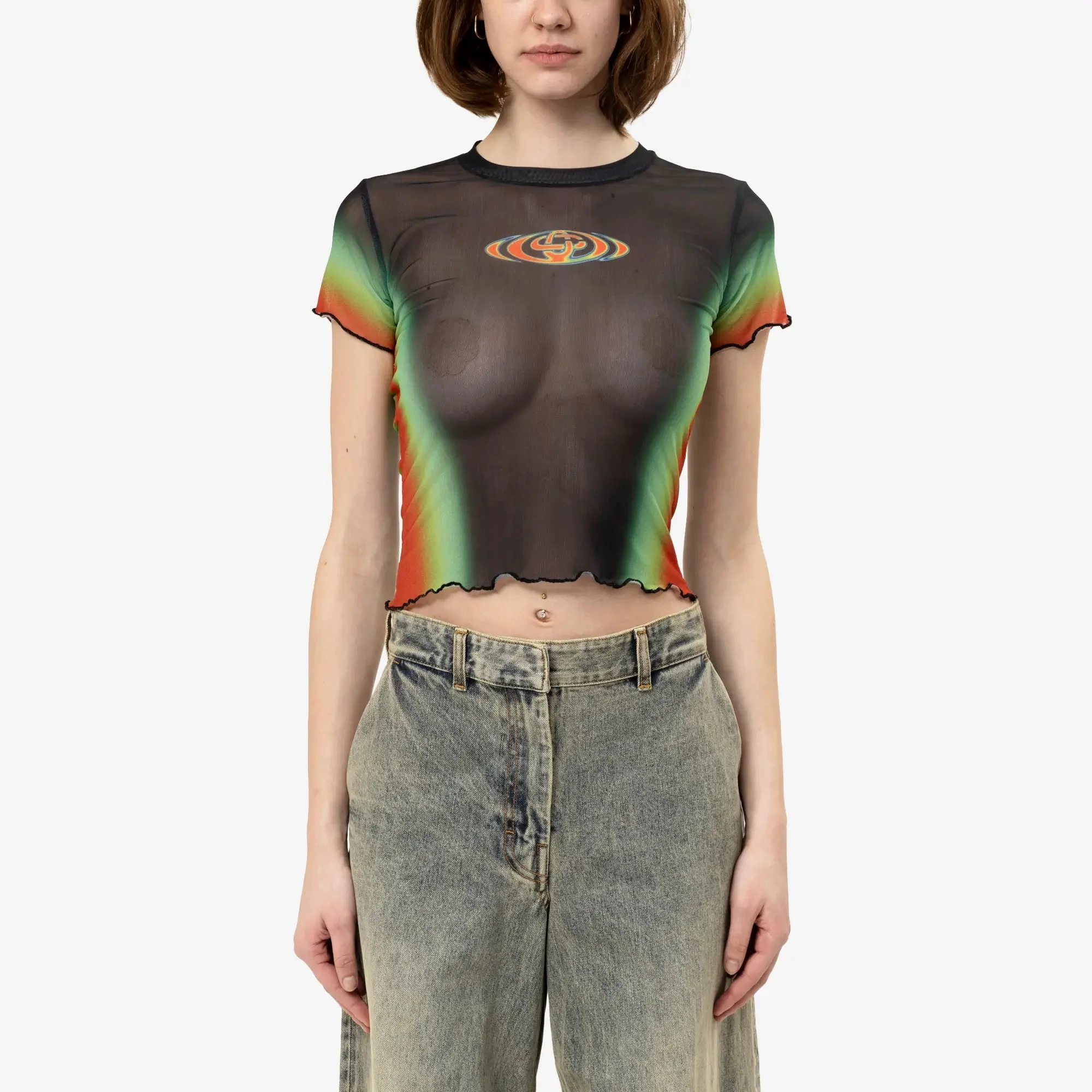 Womens Scallop SS Printed Mesh Top