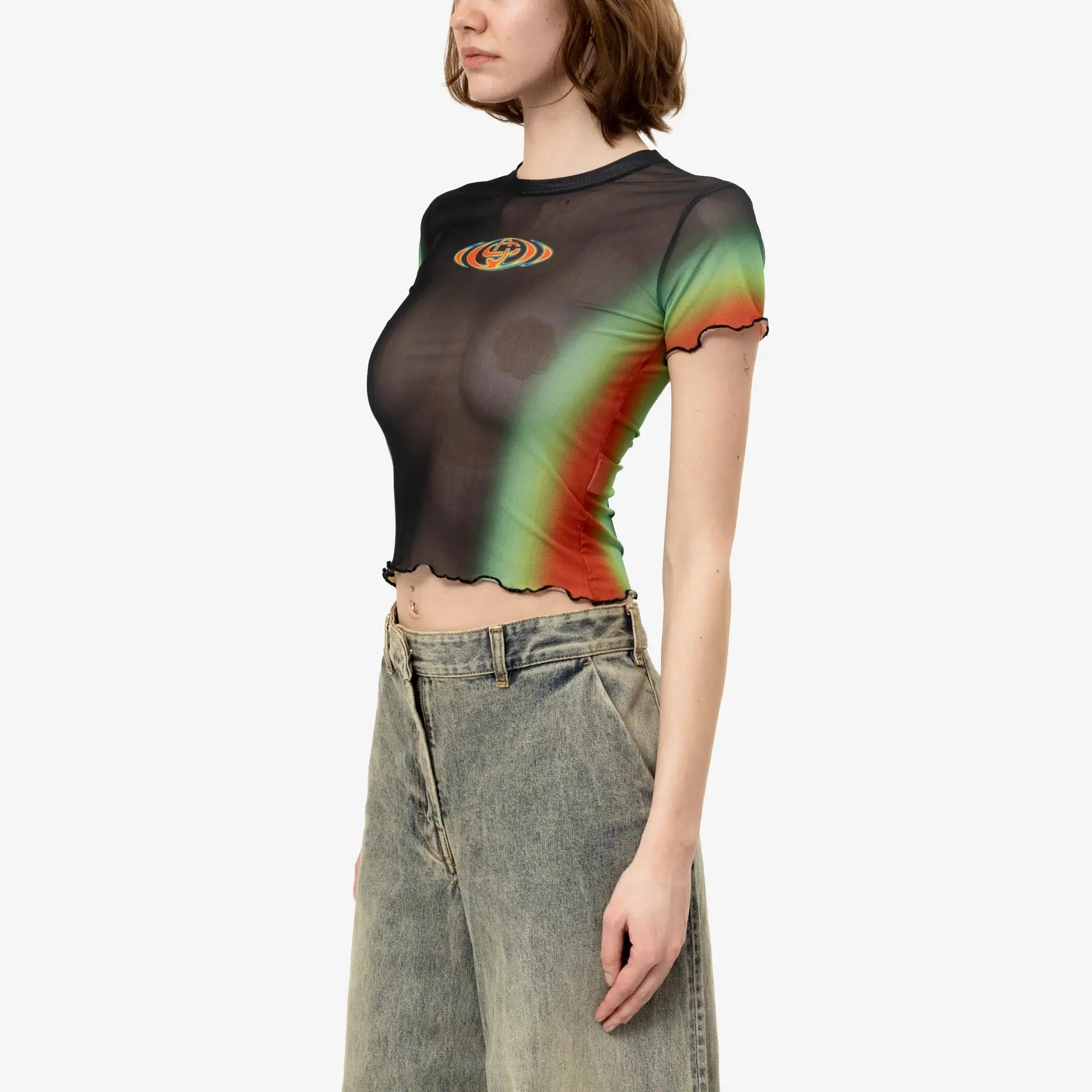 Womens Scallop SS Printed Mesh Top - Image 3