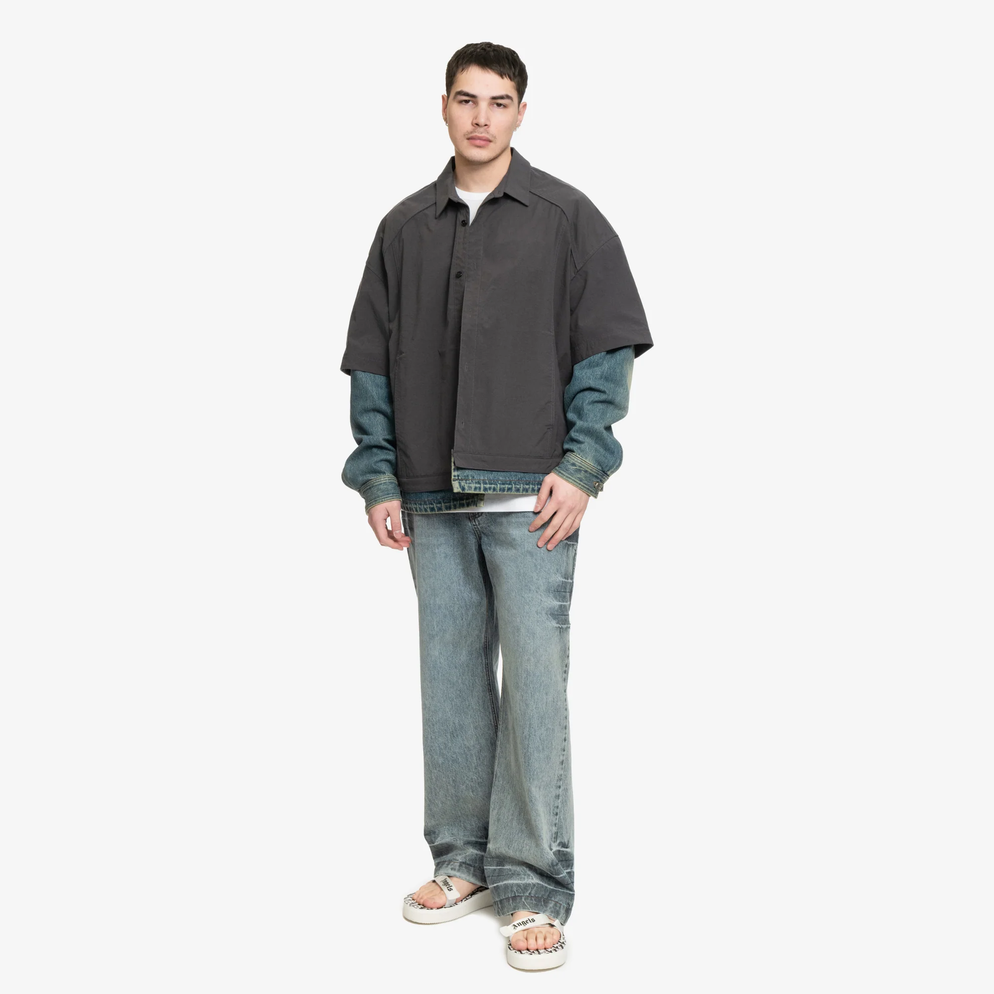 Denim Sleeve Layered Nylon Shirt - Image 2