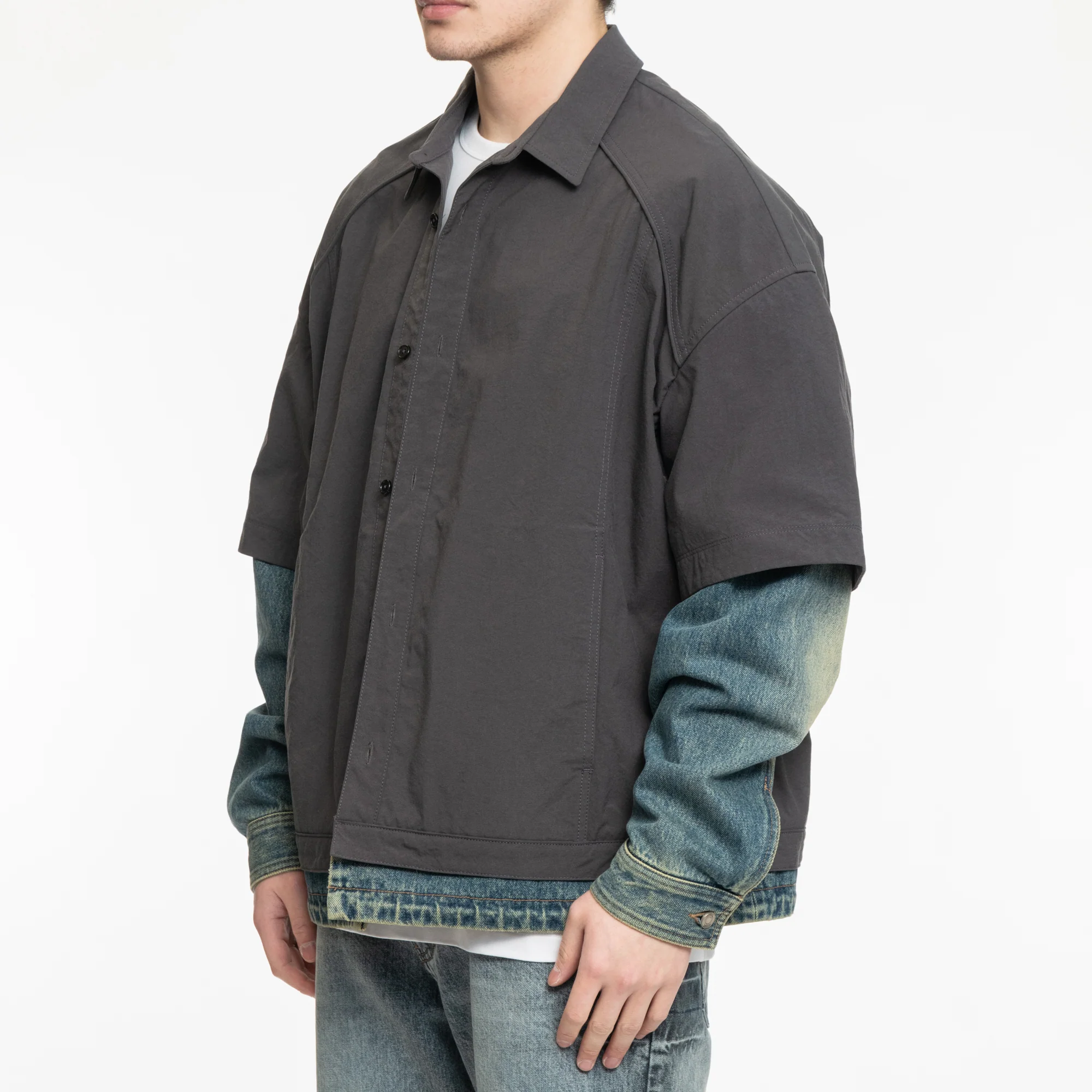 Denim Sleeve Layered Nylon Shirt - Image 3