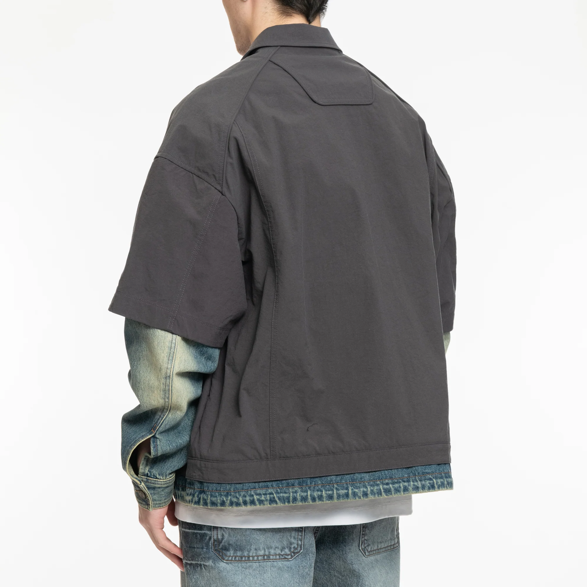 Denim Sleeve Layered Nylon Shirt - Image 4