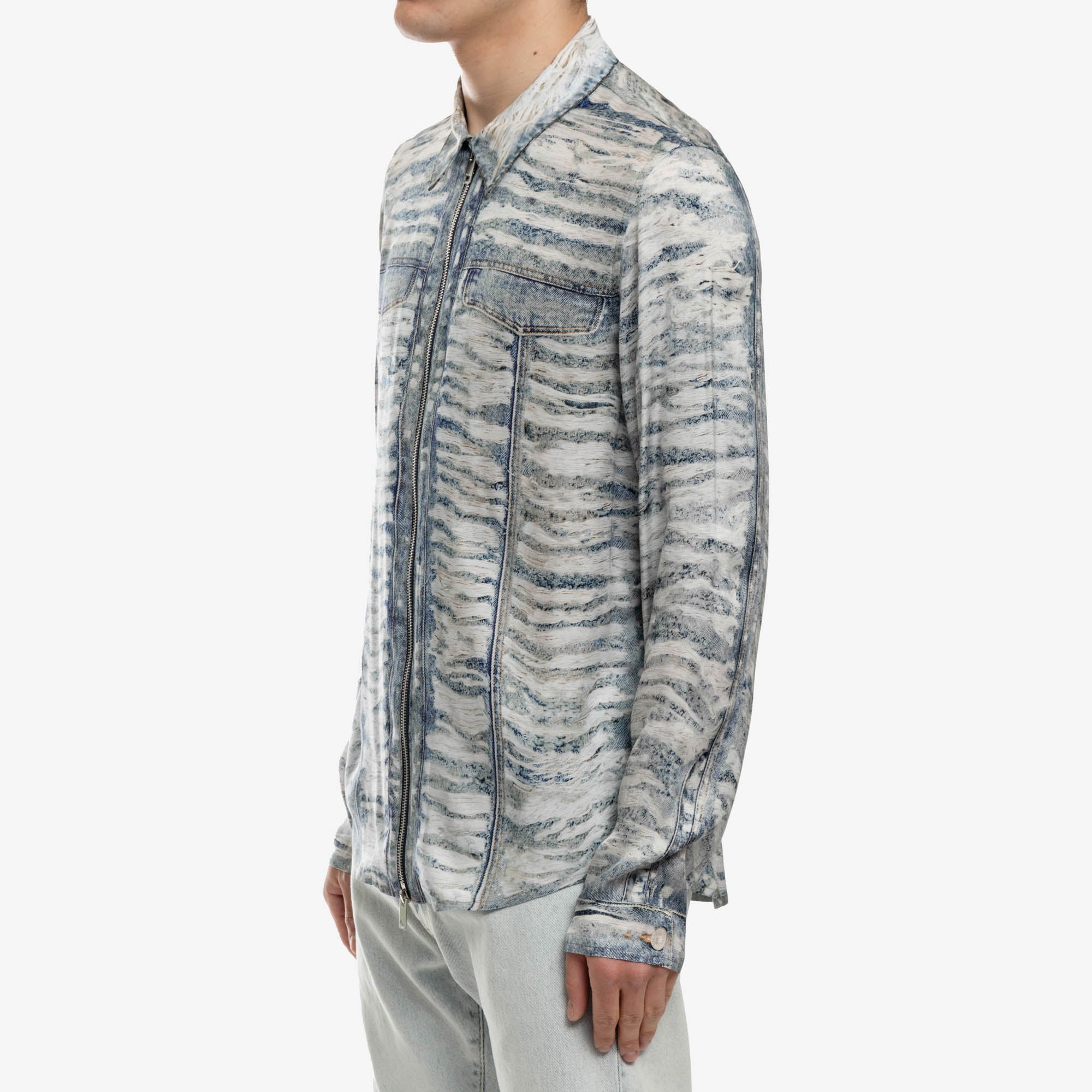 Distressed Zip Up Denim Shirt - Image 3