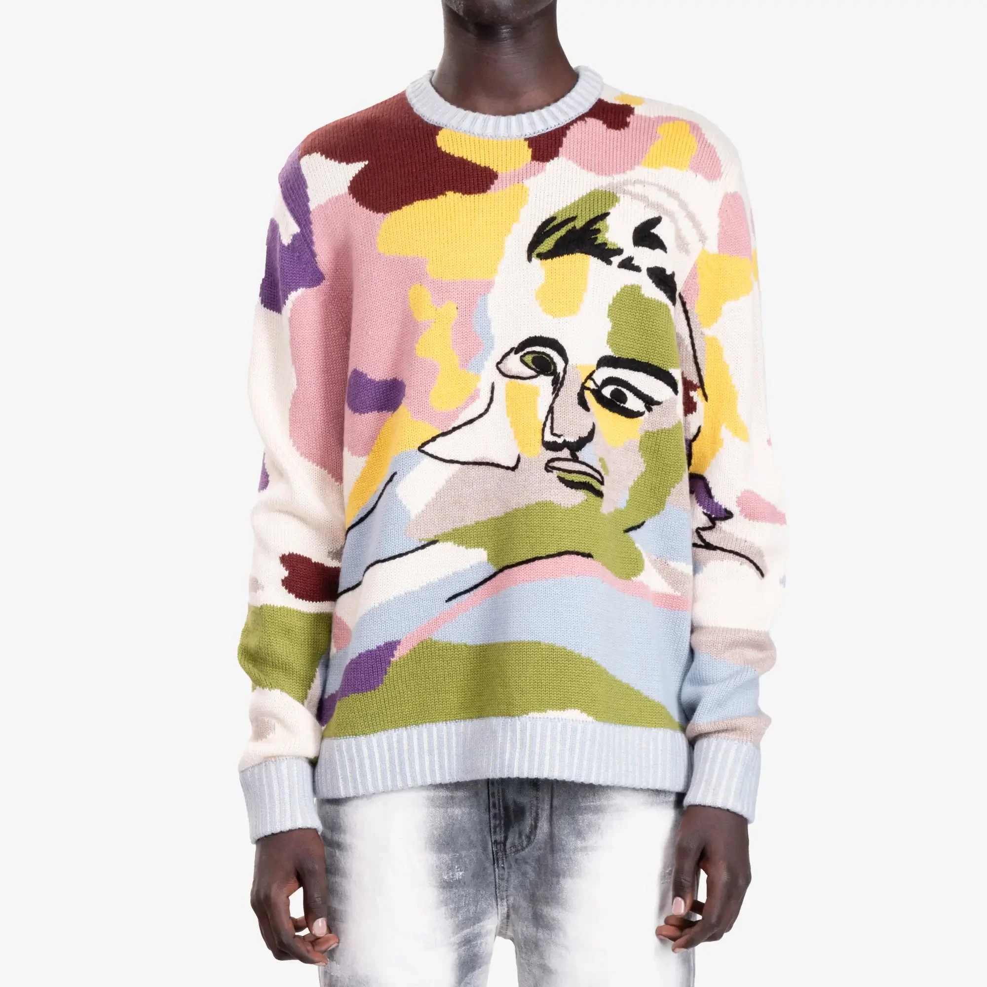 Hand Emb Jacquard Girl Face Sweater