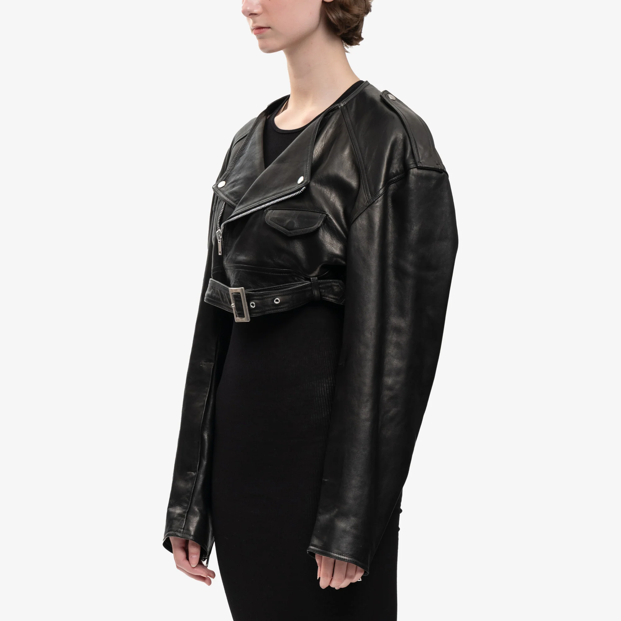 Womens Micro Biker Leather Jacket - Image 3