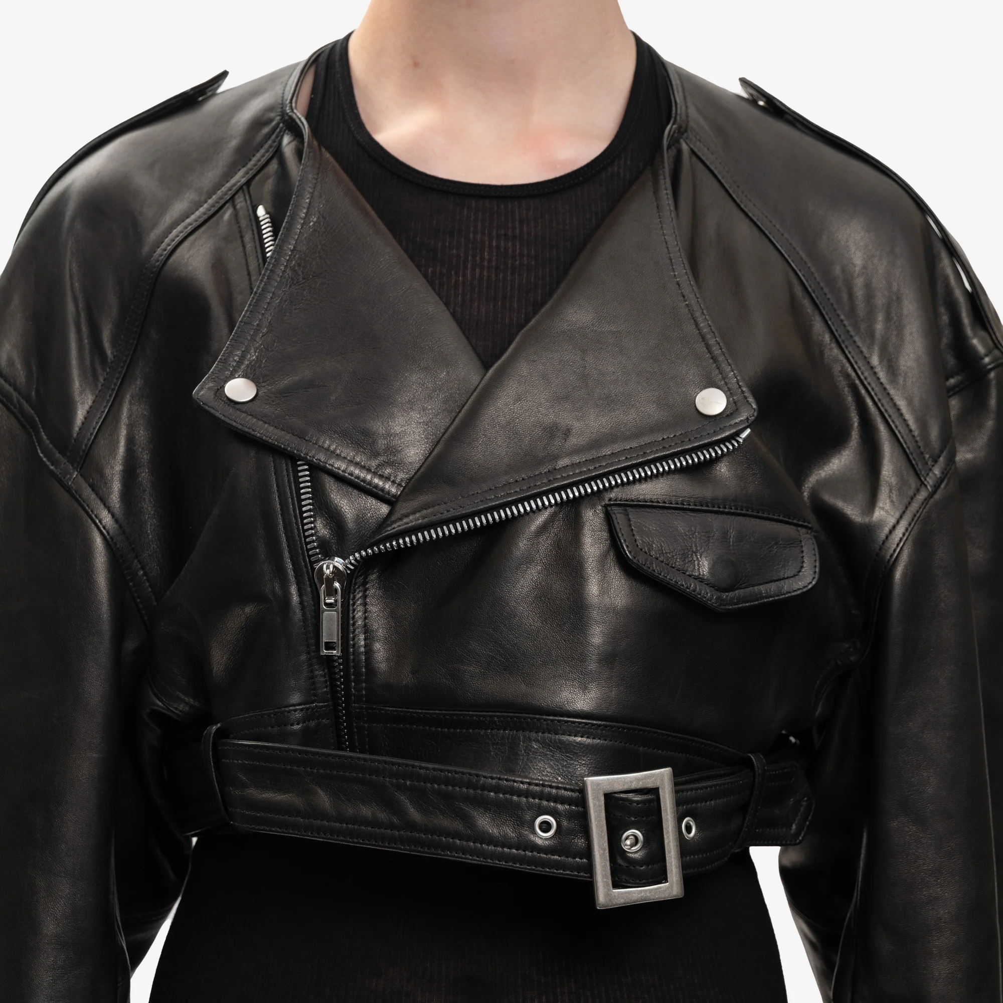 Womens Micro Biker Leather Jacket - Image 5