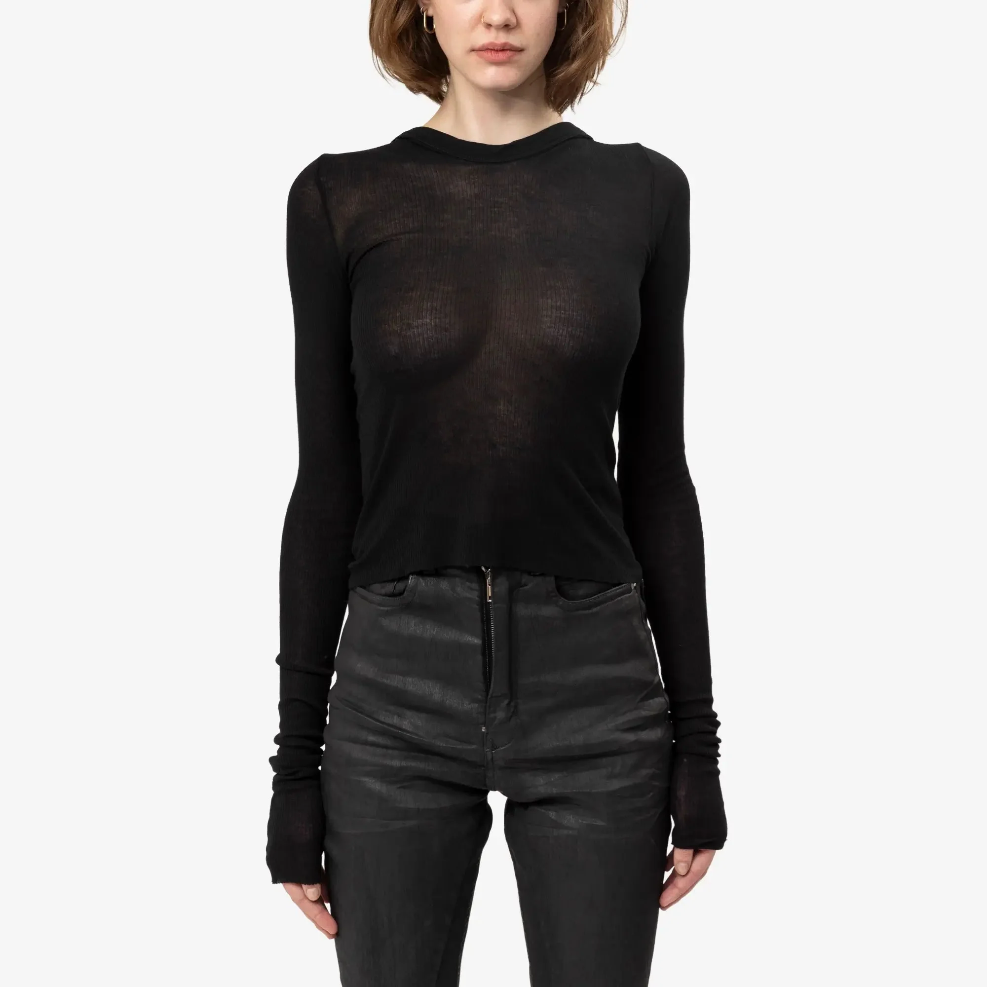 Womens Cropped Hooded Rib LS Tee