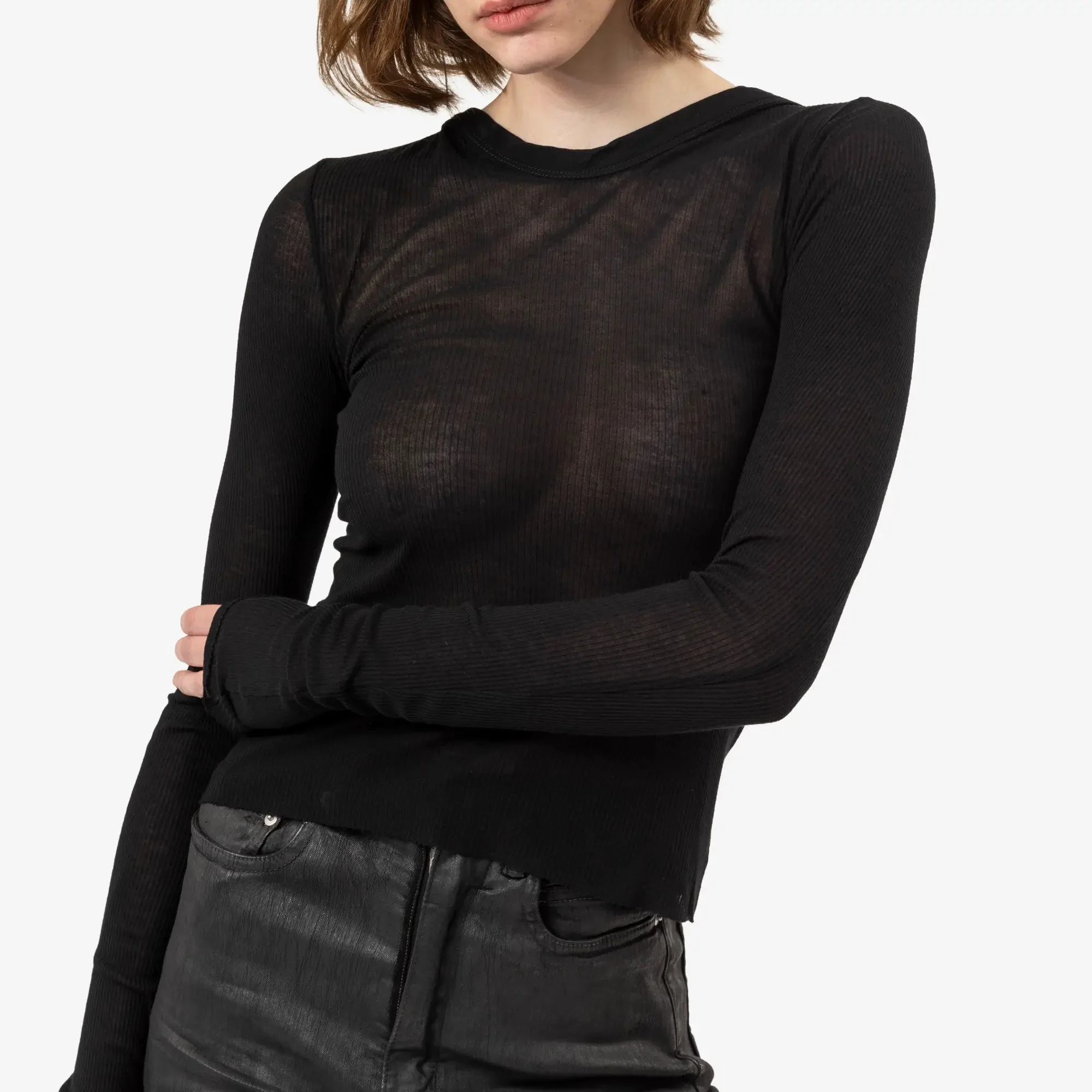 Womens Cropped Hooded Rib LS Tee - Image 5