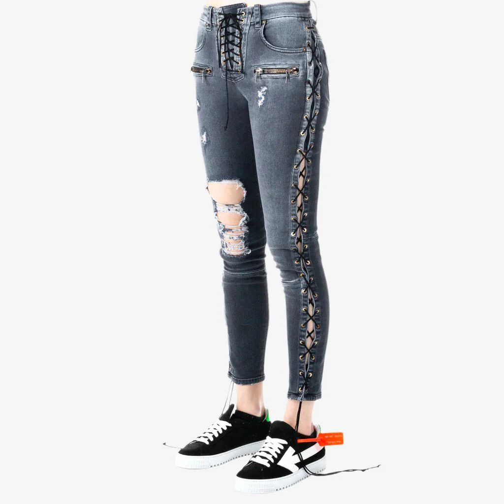Womens Side Lace Up Denim Jeans - Image 2