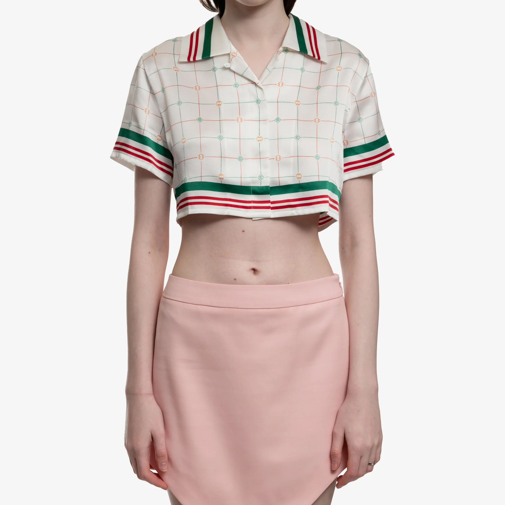 Womens Tennis Check Cropped SS Silk Shirt