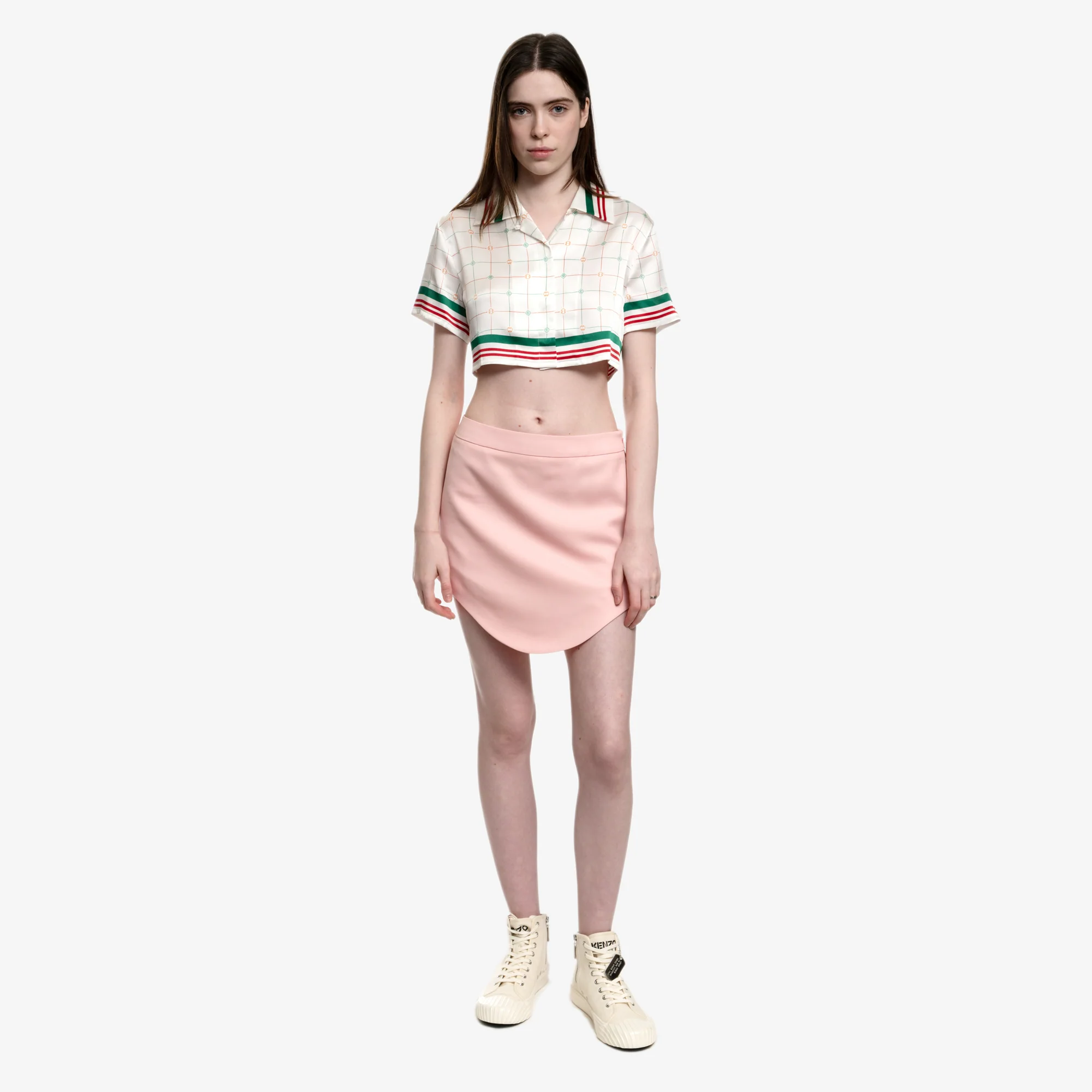 Womens Tennis Check Cropped SS Silk Shirt - Image 2